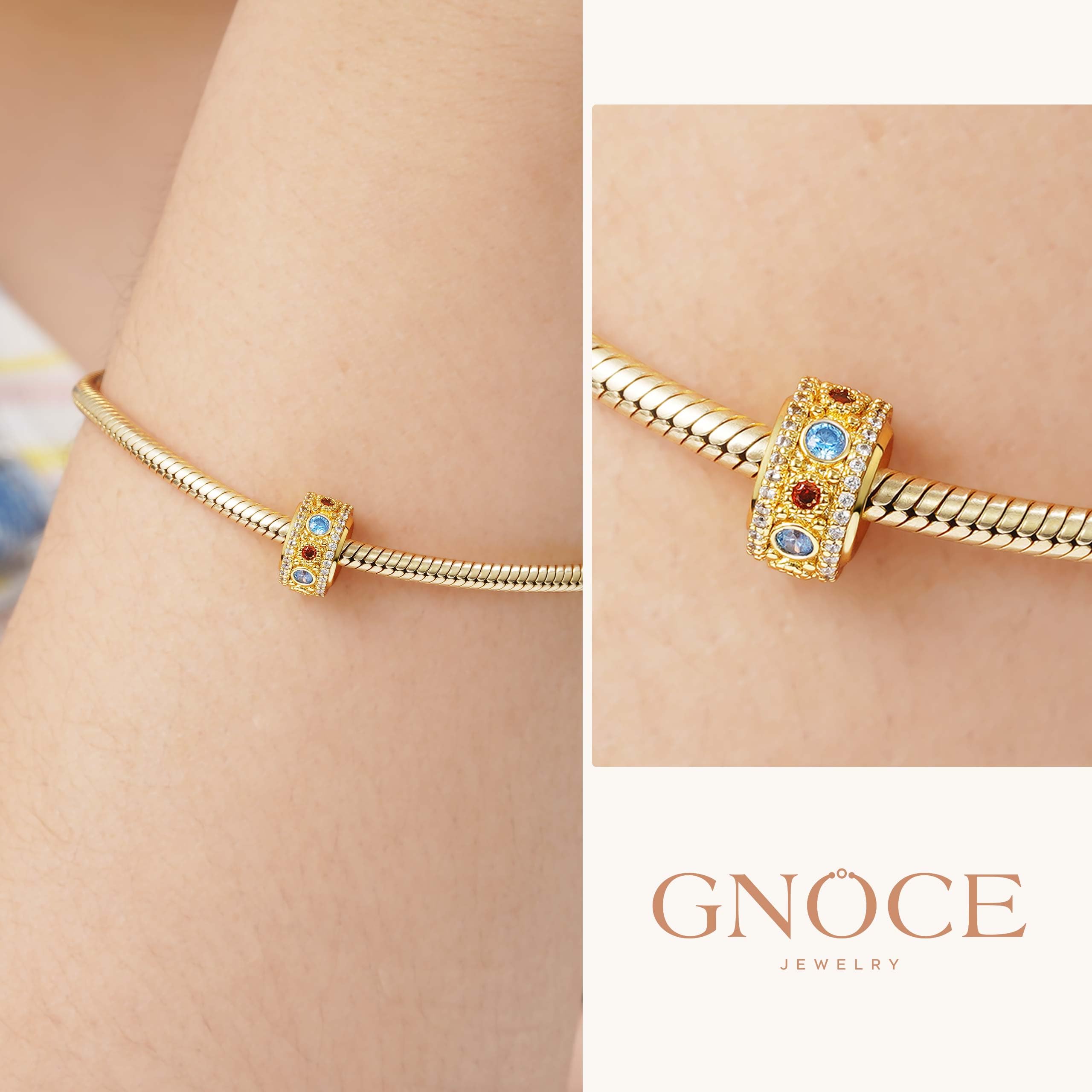 GNOCE Luxus Stil Sicherheitsstopper Charm Bead 925 Sterling Silber Intarsien mit Glänzenden CZ Steinen 18K Vergoldet Schmuck Geschenk Für Frauen Mädchen Tochter Fit Armband/Halskette