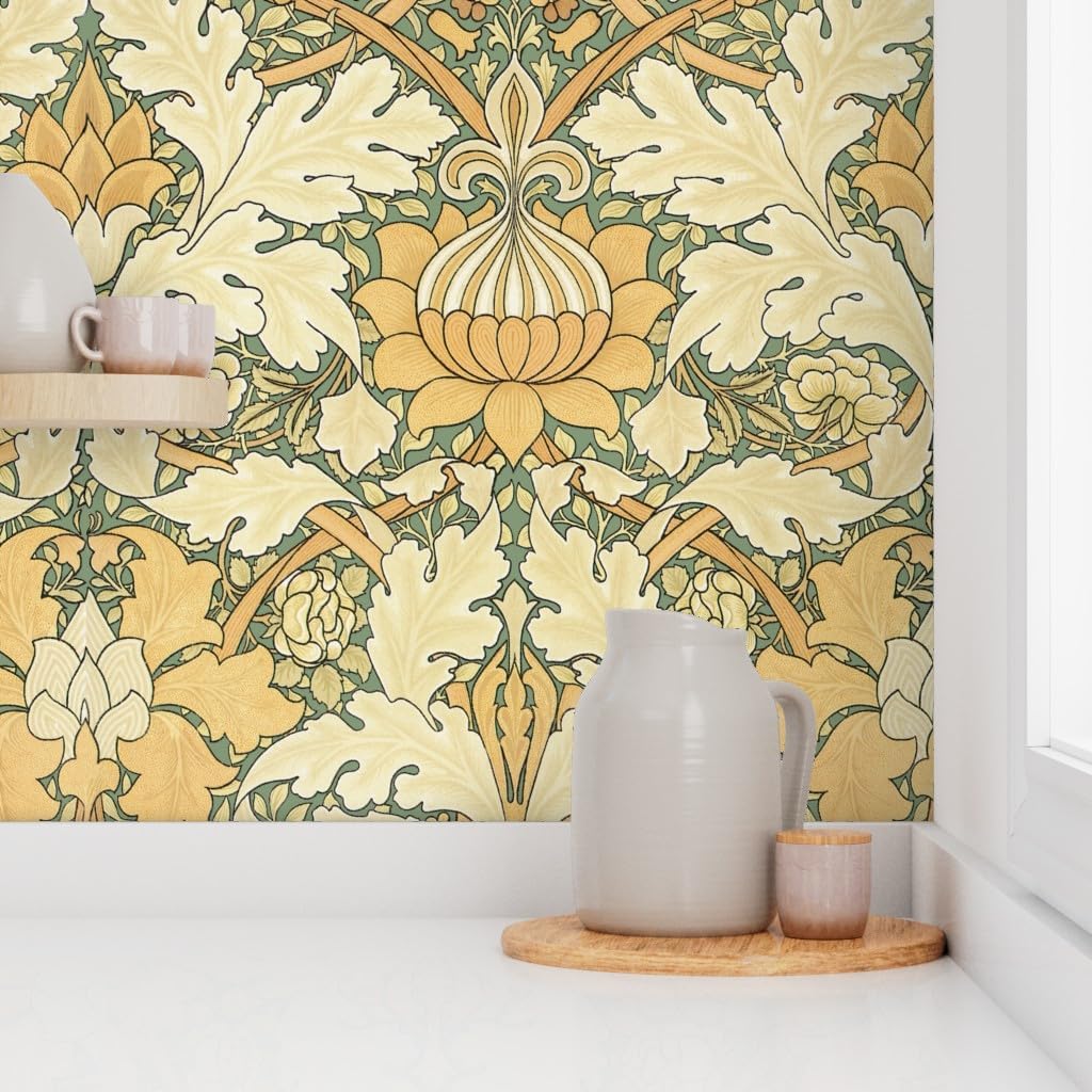 Spoonflower Removable Wallpaper 3ft x 2ft - Damask Green Flowers Floral Antique Victorian Sage Art Nouveau Custom Pre-Pasted Wallpaper