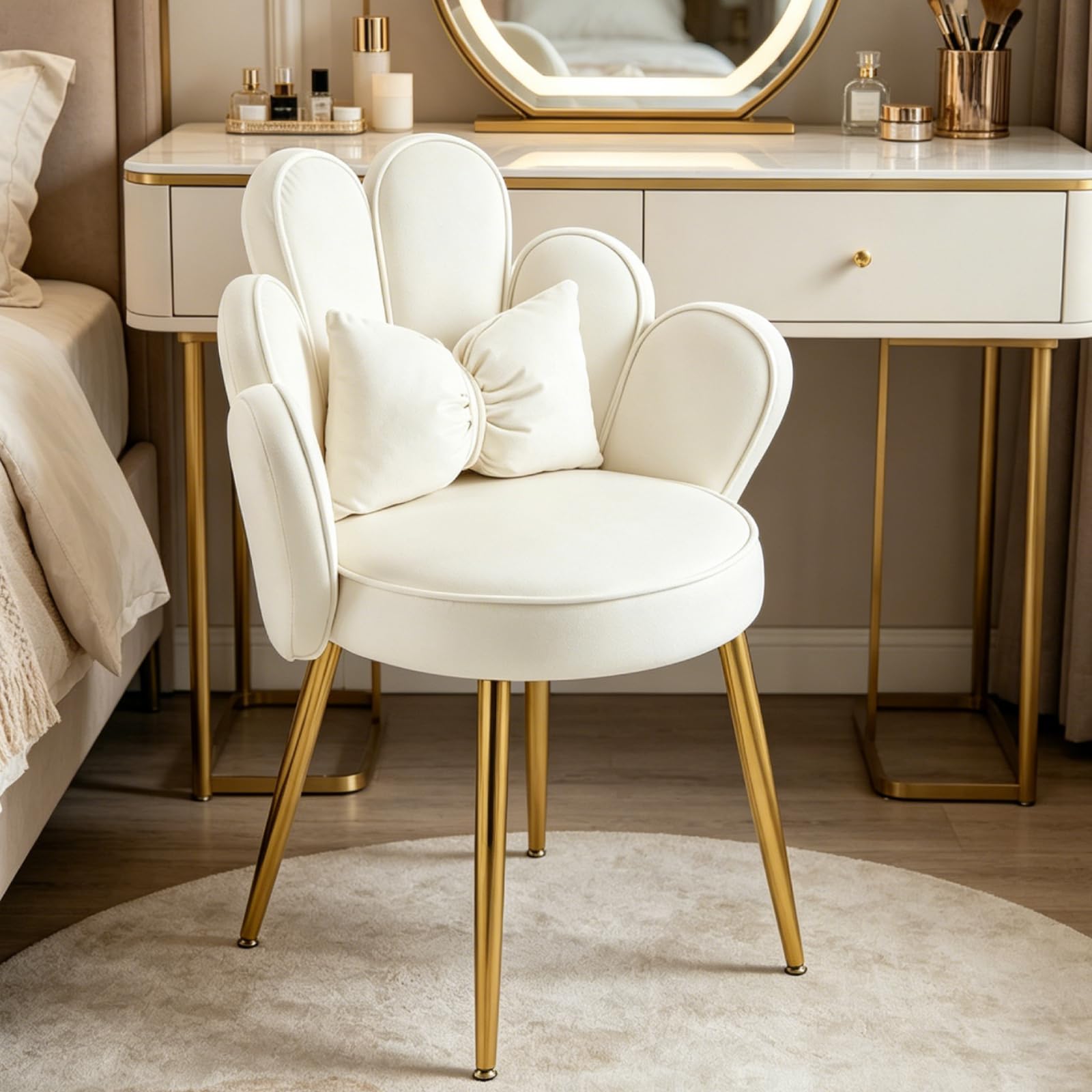 LEADZM Sillón con respaldo pétalo silla de tocador sillón relax, Blanco | de salón dormitorio, sillón de cocina y comedor con patas de oro