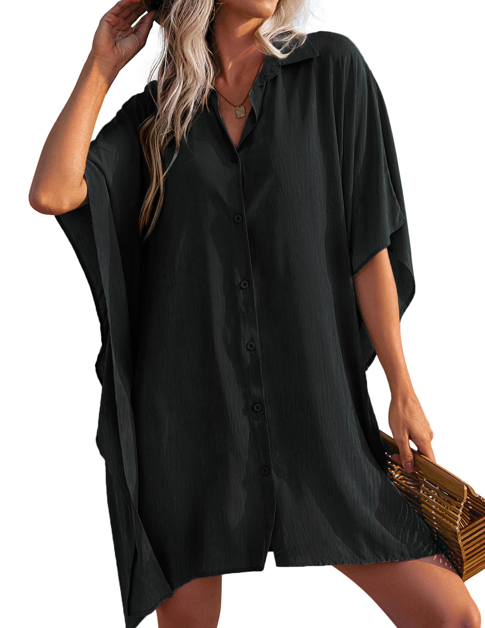 Ekouaer Womens Swimsuit Cover Up 3 4 Sleeve Beachwear Bikini Coverups Button Down Oversized Cover Up Shirt S-3XL
