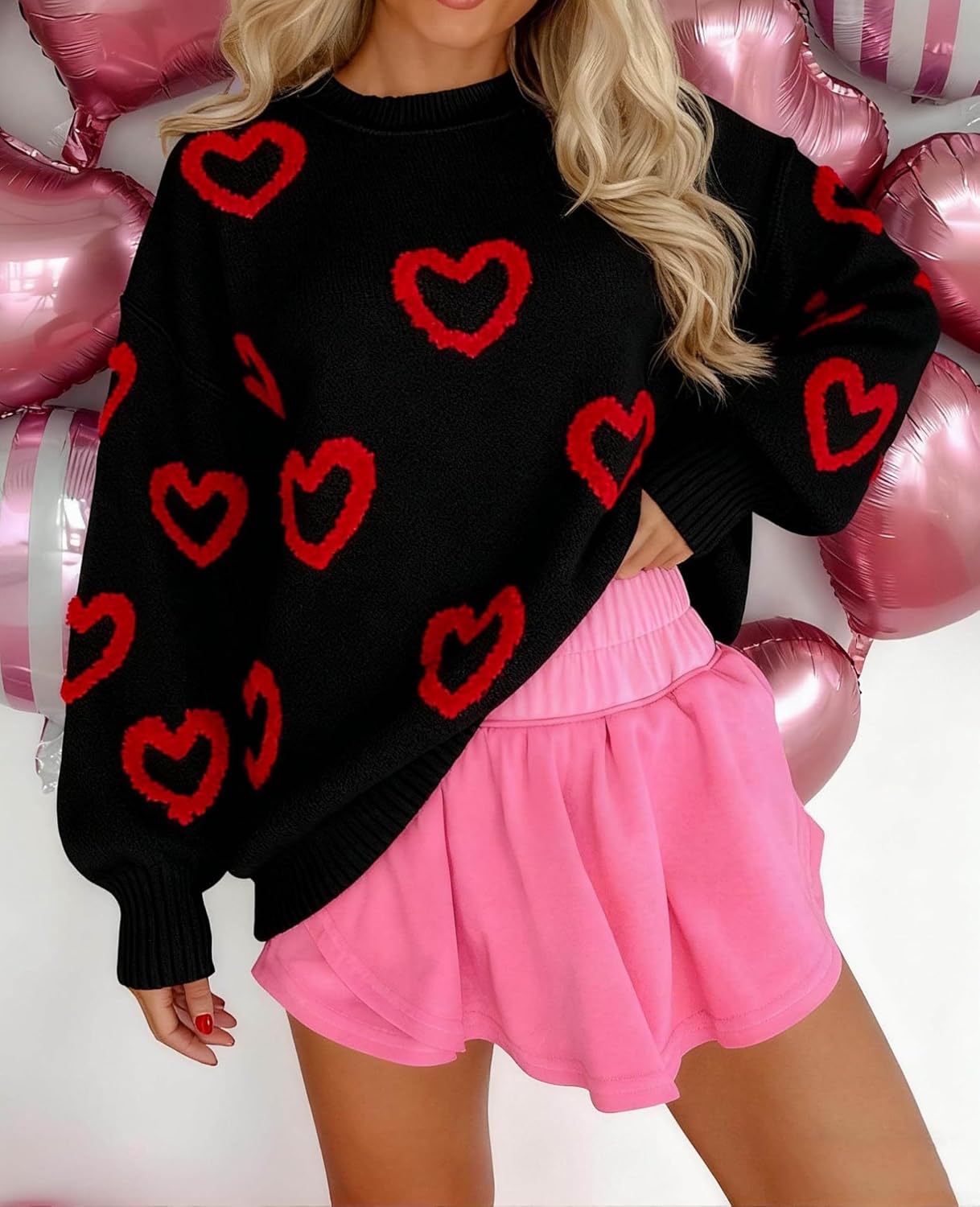 UAURORAO Fuzzy Heart Sweater for Women Cute Valentines Day Sweaters Long Sleeve Crew Neck Sweatshirt Knit Pullover Tops - Image 5