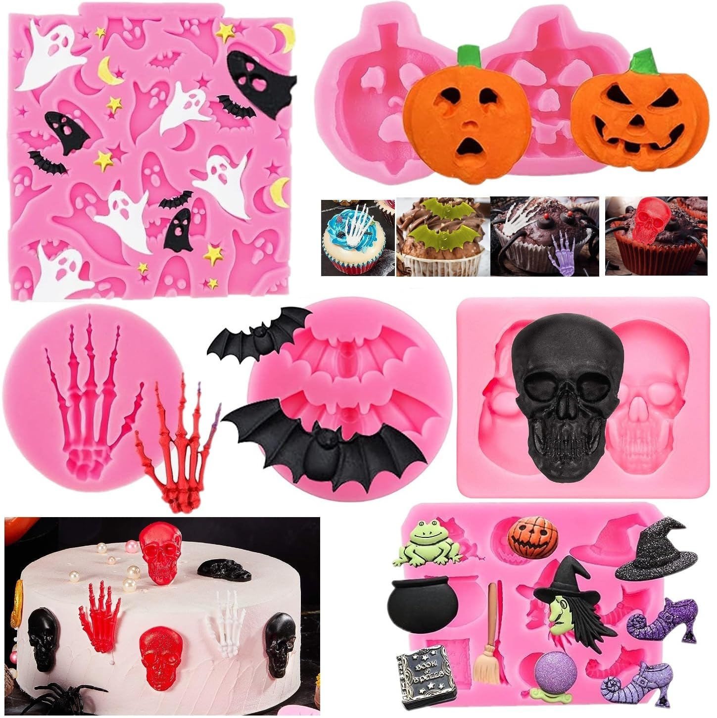 6 moldes de silicona para fondant de pastel de chocolate, bruja, fantasma, cráneo, murciélago, calabaza, bandejas de dulces de hielo para galletas, moldes para hornear, magdalenas, gelatina, azúcar,
