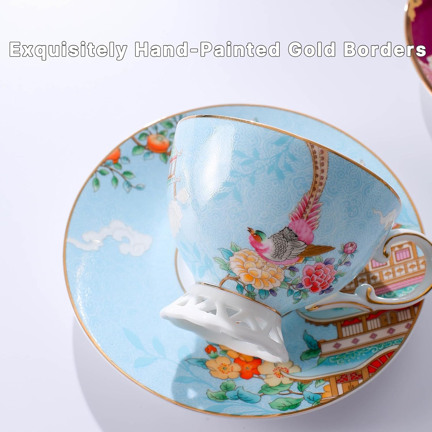 Blue Tea Cup and Saucer Set, Bone China Tea Cup and Saucer with Spoon, Porcelain Floral Teacup Set with Gold Trim, Dishwasher Safe, Food Grade, Gift for Women, Mom, Friends, 6.8 oz - Image 4