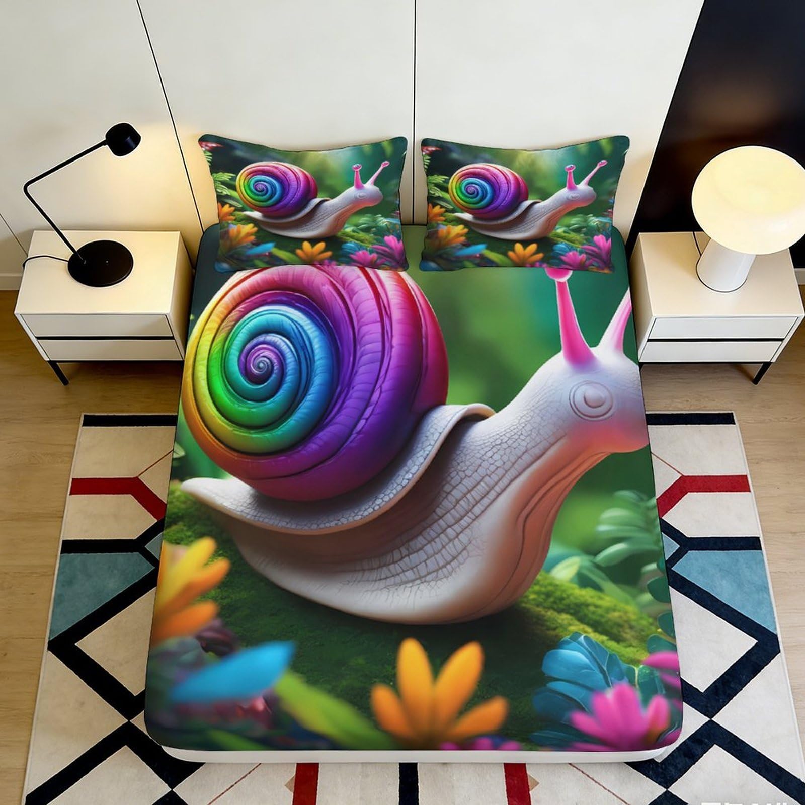 3D Printed Rainbow Snail Fitted Sheet Microfiber Anti-Slip Floral Mattress Cover for Bedroom Guest Room Decor 90x200x25cm