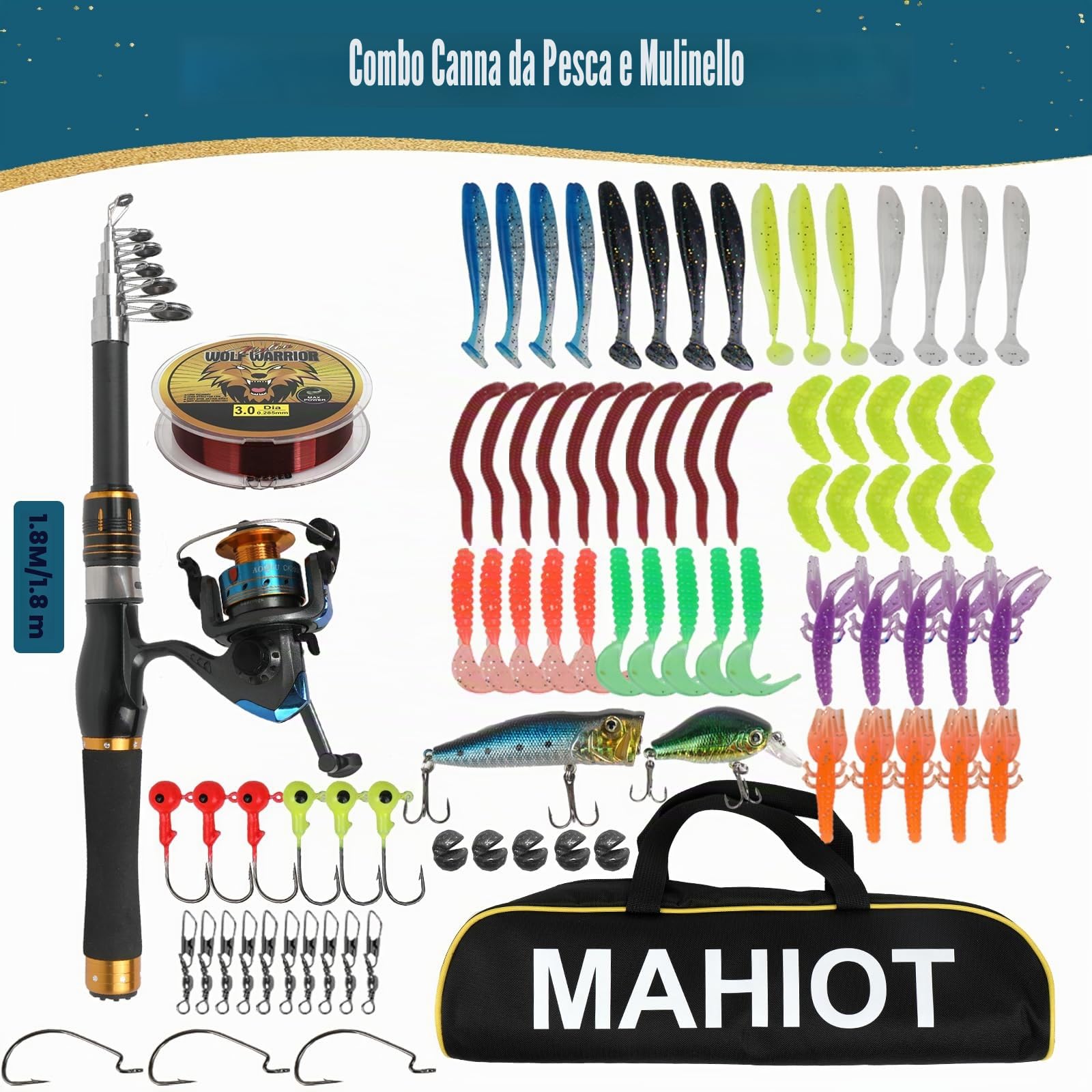 Kit completo di canna da pesca telescopica e mulinello, asta in metallo da 1,8 m con accessori per esche da pesca/borsa porta accessori, kit completo di canna da pesca girevole per acqua salata e