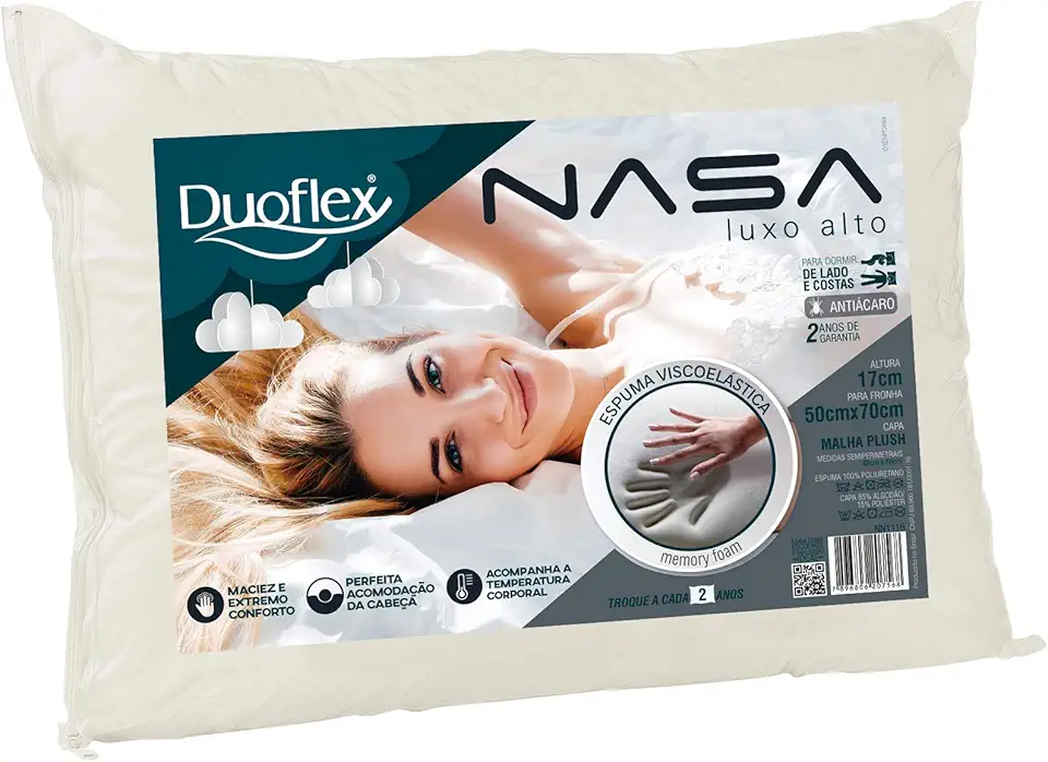 Travesseiro Nasa, Luxo Alto, Bege, 50x70 cm, Duoflex