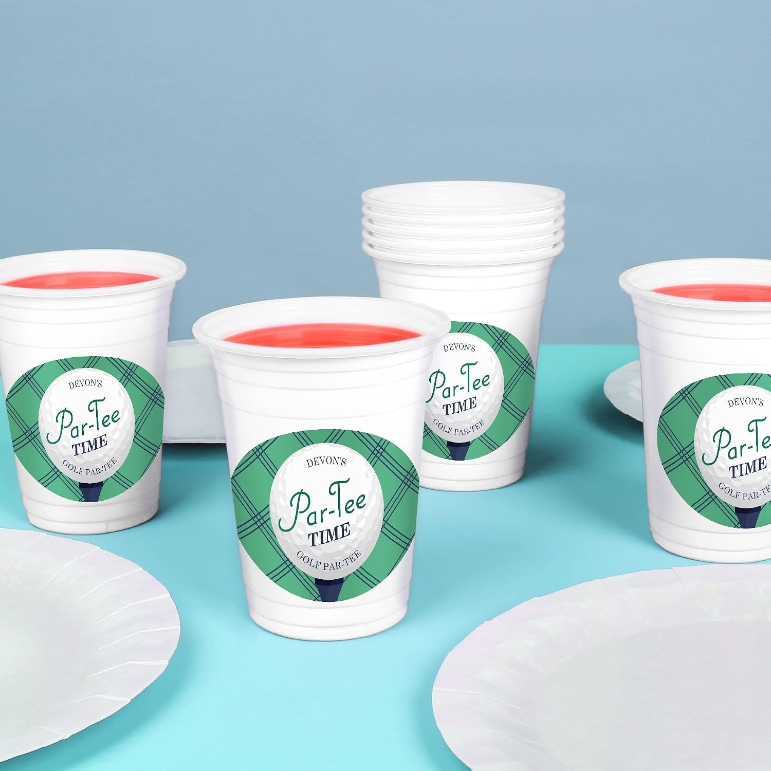 Big Dot of Happiness Custom Par-Tee Time Golf Cups, 16oz Disposable Drinkware, Retirement or Birthday Party Table Decor, Custom Party Cups (White) & Personalized Stickers - 16 Pack
