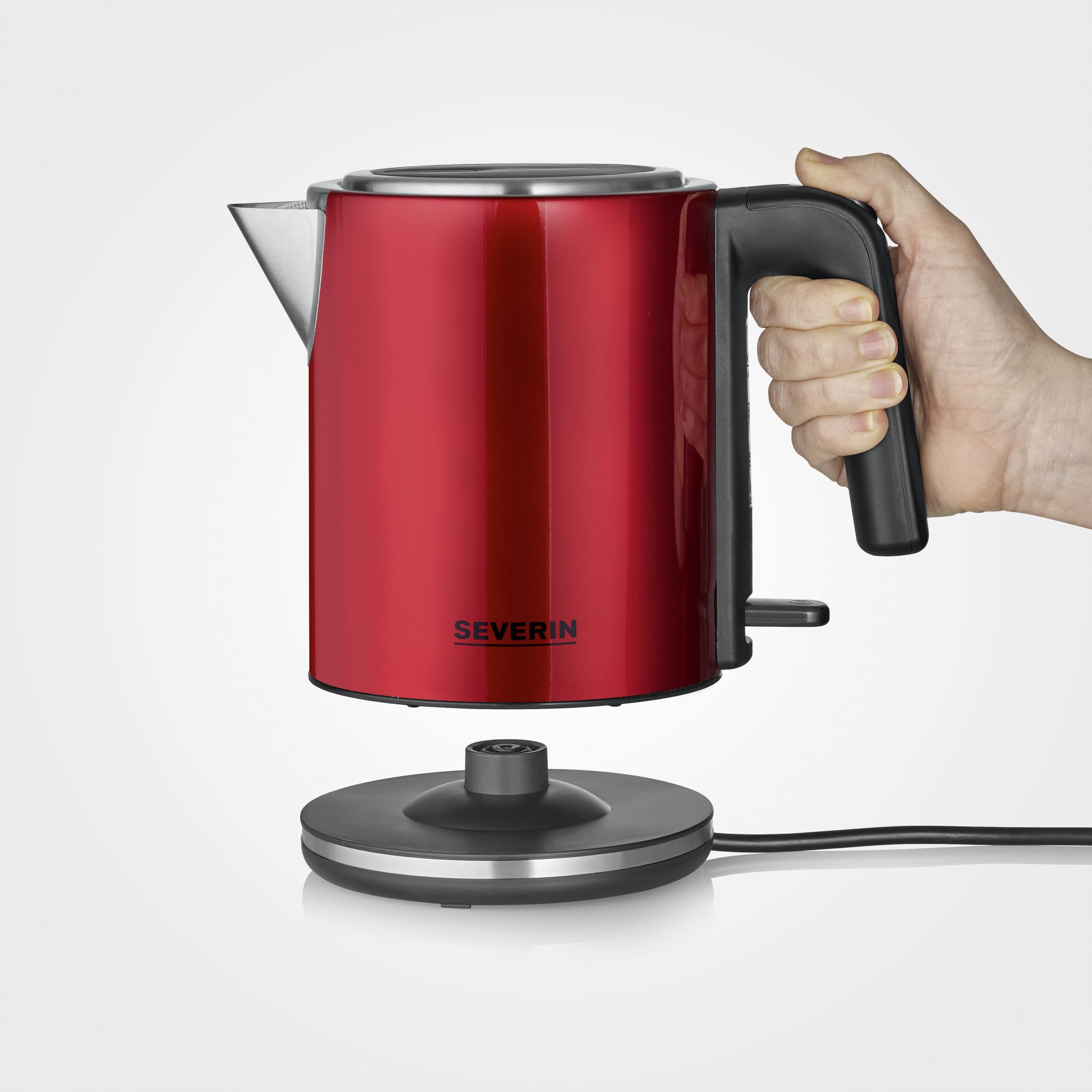 SEVERIN Hervidor eléctrico 1 L, tetera con indicador de nivel de agua, filtro antical, abertura de tapa XXL, potente y compacto, 2.400 W, rojo - negro - acero inoxidable, WK 3427