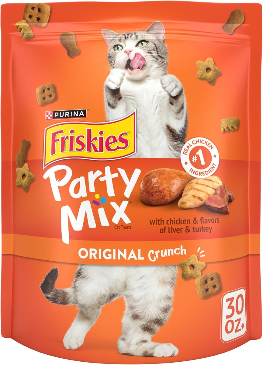 Purina Party Mix Original Crunch Cat Treats 30 oz Pouch | Real chicken with liver and turkey flavors, playful shapes and under 2 calories each, supports dental health