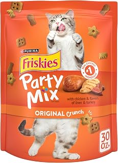 Purina Friskies Party Mix Original Crunch Cat Treats, Real Chicken #1, Liver & Turkey, 30 oz Pouch - Crunchy Dental Snacks
