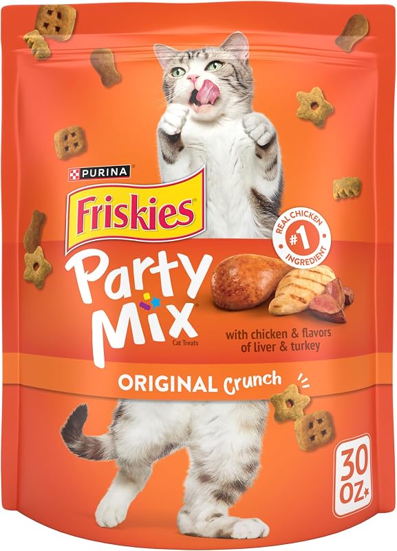 Purina Party Mix Original Crunch Cat Treats 30 oz Pouch | Real chicken with liver and turkey flavors, playful shapes and under 2 calories each, supports dental health