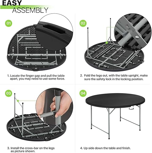 Miniatura 9 de Magshion Mesa plegable redonda de 65 pulgadas, mesa de plástico plegable de 5 pies con asa de transporte para exteriores, boda, fiesta, evento,