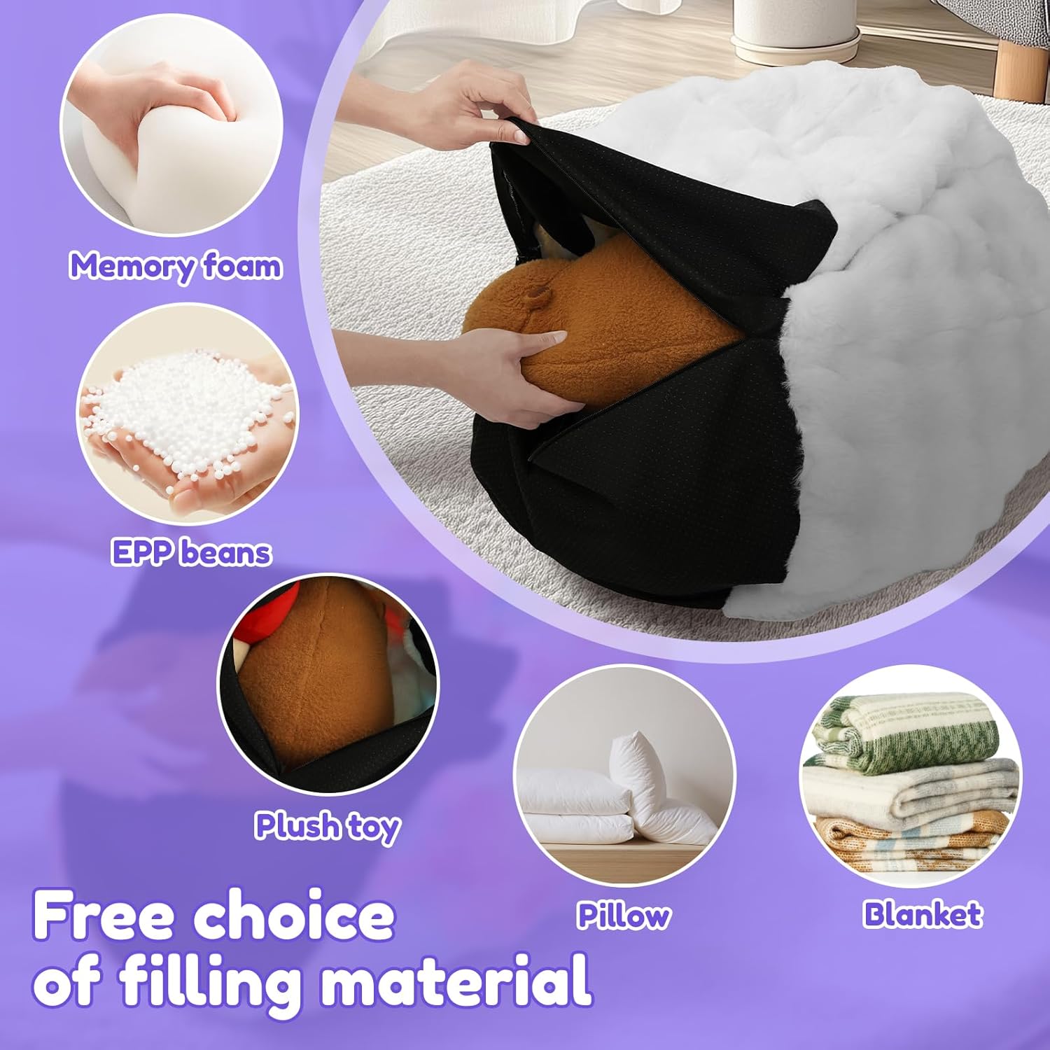 Fluffy Faux Rabbit Fur Bean Bag Chair Cover for Kids, (No Filler), Soft Luxury Fuzzy Stuffed Animals Storage Bubble Bean Bag, Home Decor Shaggy Furry Beanbag Cover Kid Girl Adult (White, 40 inch)