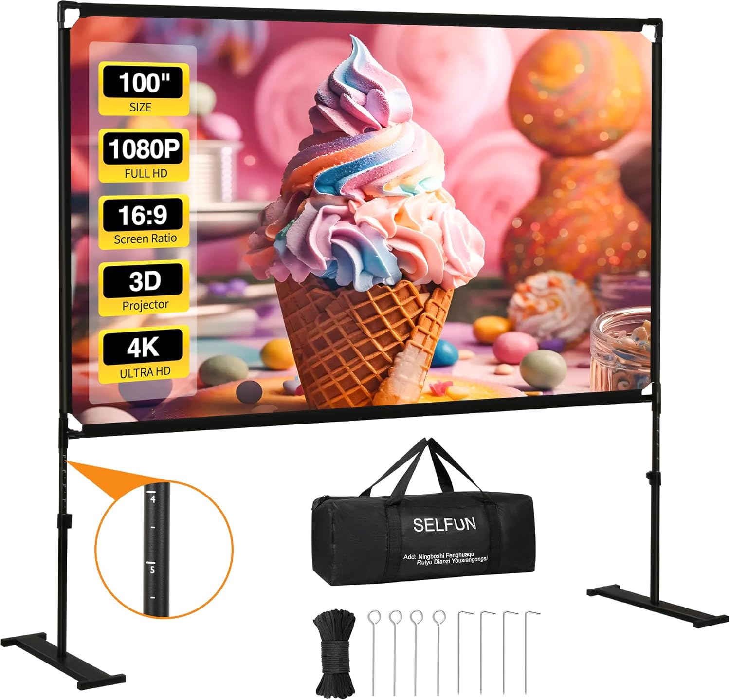 Photo 1 of Projector Screen with Stand, 100 Inch Projection Screen, 16:9 HD 4K Outdoor Projector Screen for Outdoor Parties Movie Nights, Film Festivals, Business Presentations, Conferences, Family