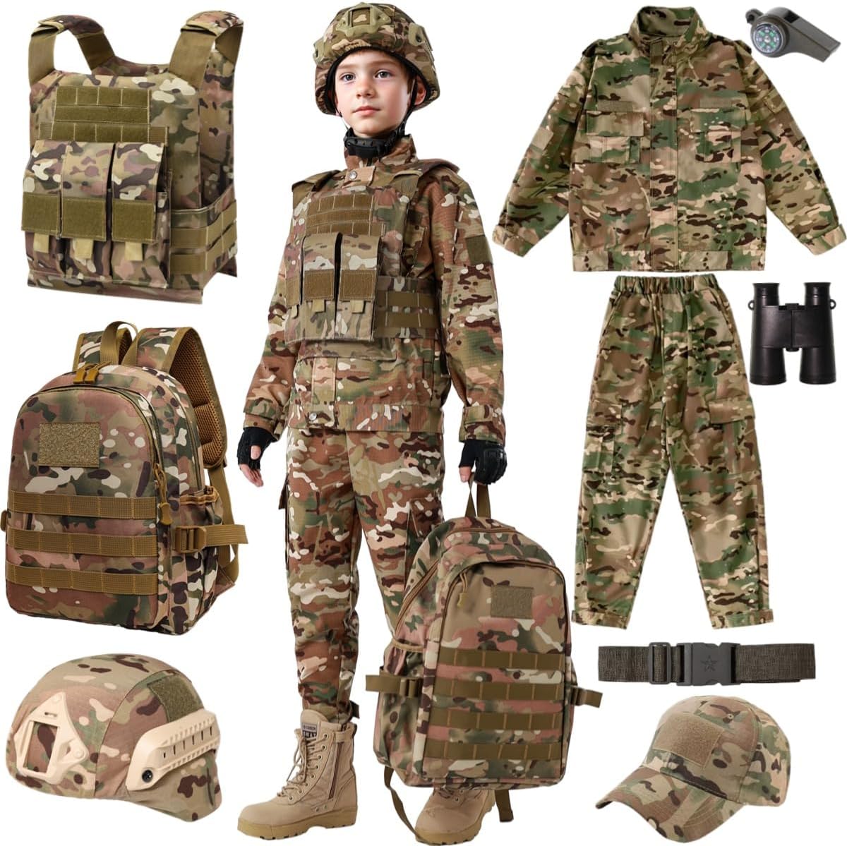 Kids Soldier Play Camouflage Military Uniform Suit Wear Toy Tactical Vest Boys and Girls Outdoor Adventure Army