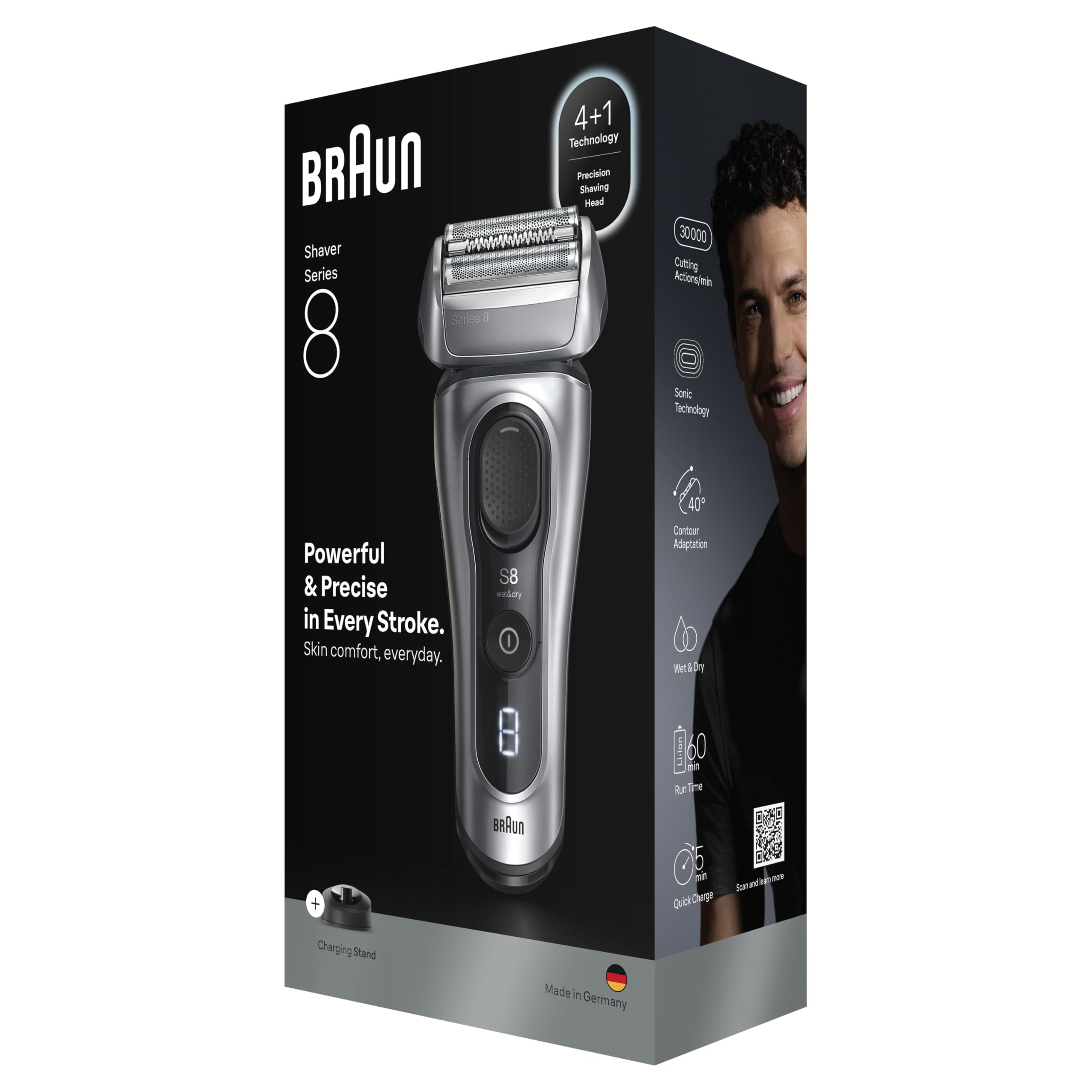 Braun Afeitadora Eléctrica Hombre Series 8, Máquina de Afeitar Barba en Seco Y en Mojado con Cabezal de Precisión Y Recortadora, 60 Min de Uso, Base de Carga Y Estuche de Viaje, 8617S, Plata