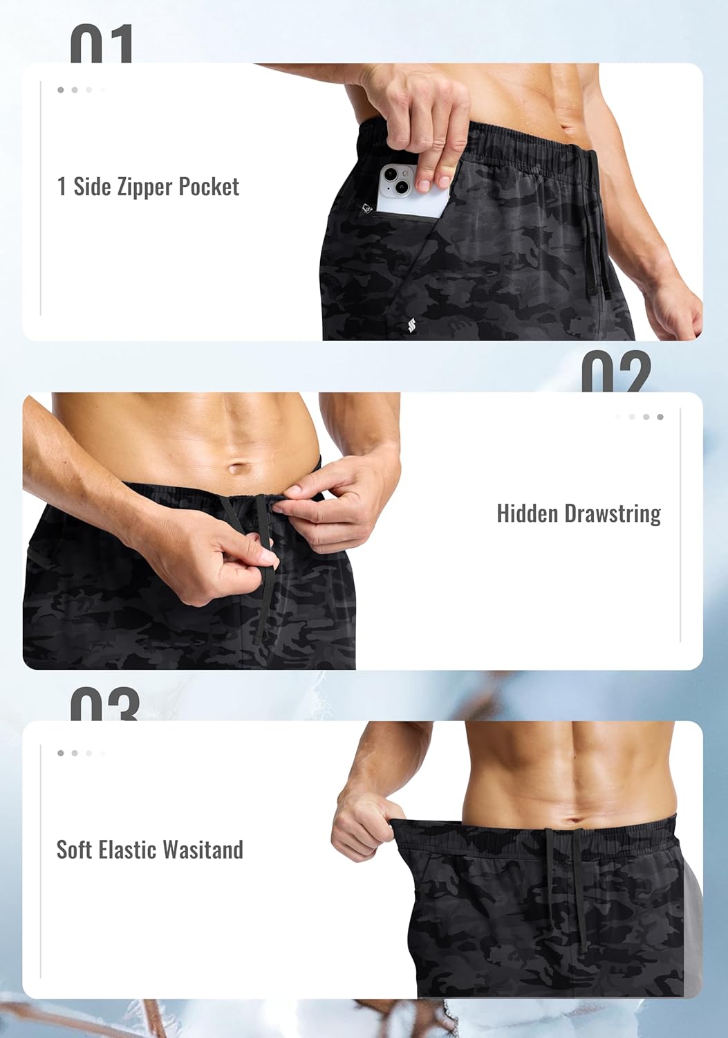 Soothfeel Men's Sweatpants with Zipper Pockets Cotton Open Bottom Yoga Lounge Pants Straight Leg Casual Athletic Sweat Pants Grey camo M - Image 6