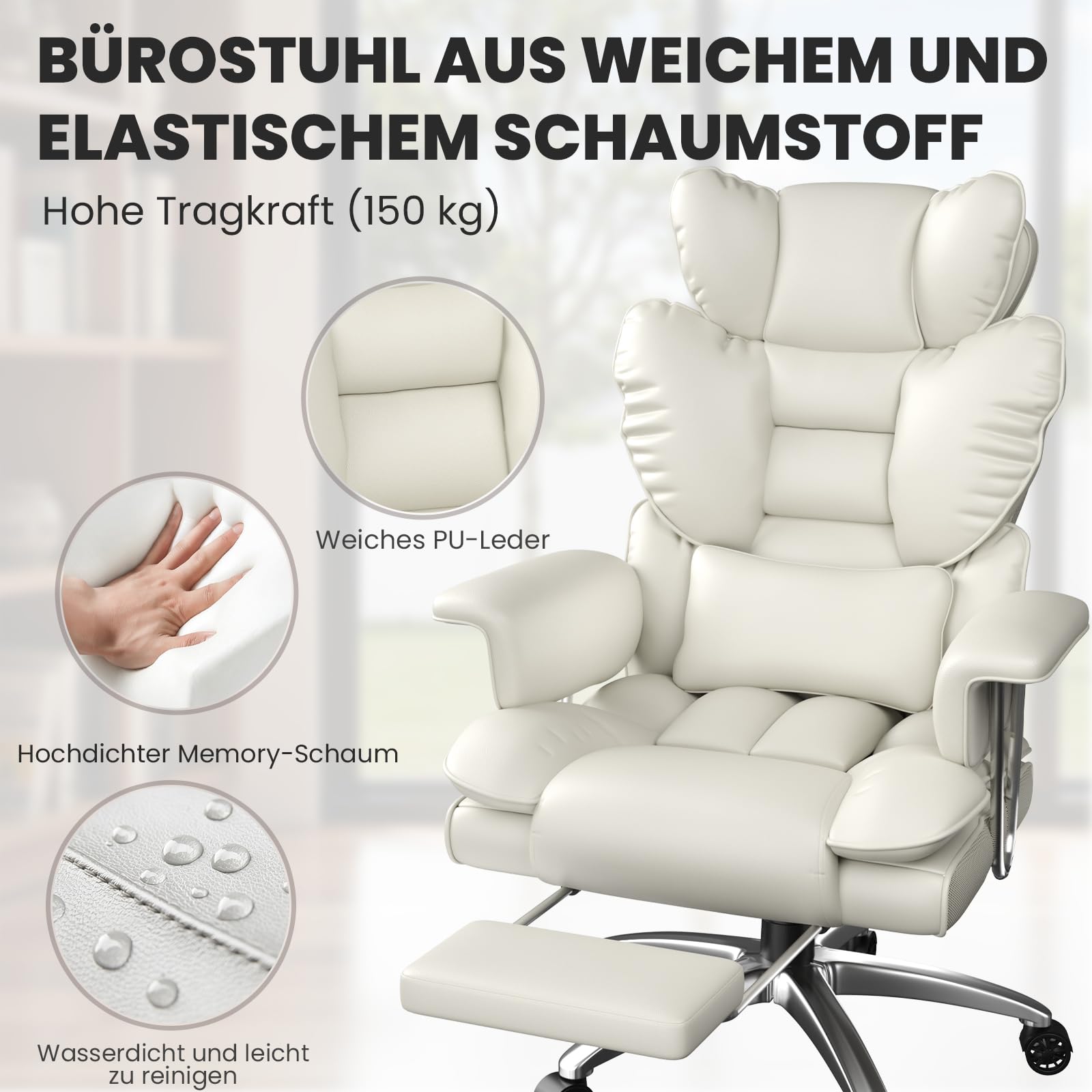 naspaluro Chefsessel Bürostuhl mit Fußstütze, ergonomischer PU-Leder Bürostuhl mit hoher Rückenlehne, Computerstuhl für Büro & Homeoffice, Weiß