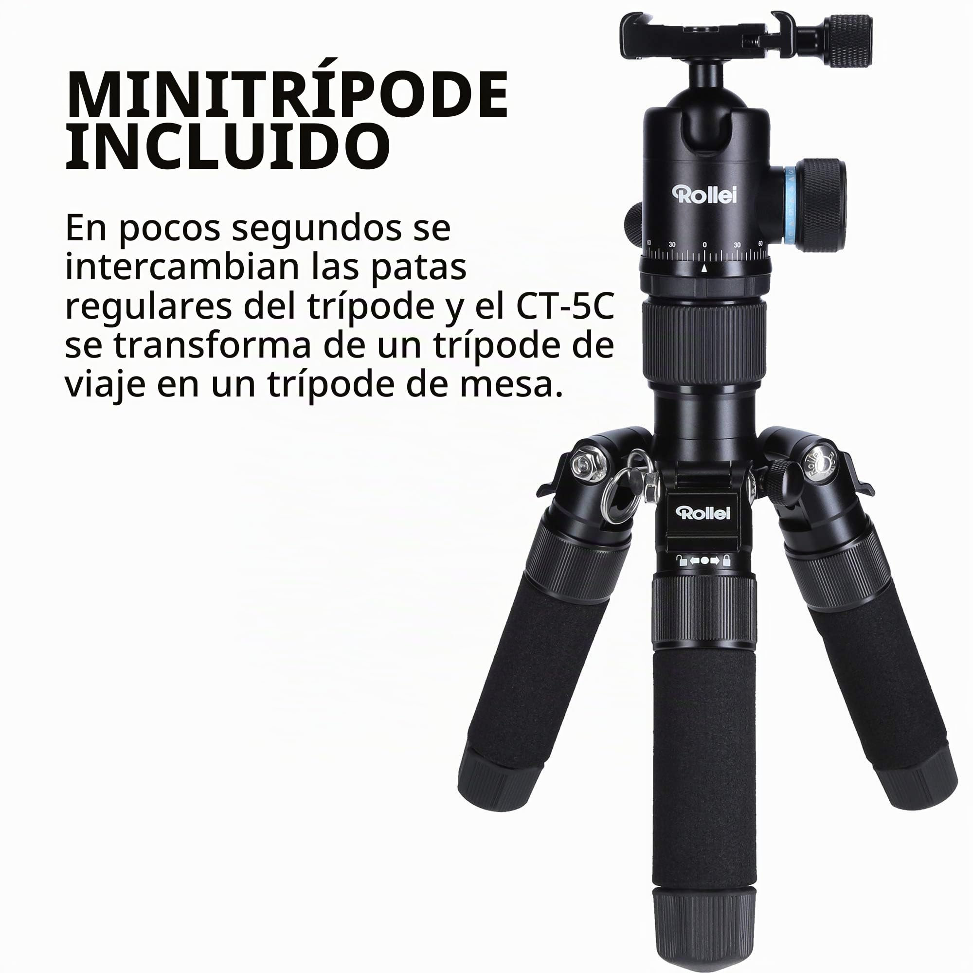 Rollei CT-5C + 52Q - Trípode carbono con cabezal esférico (Arca Swiss compatible, capacidad 8 kg, altura 157 cm), color negro