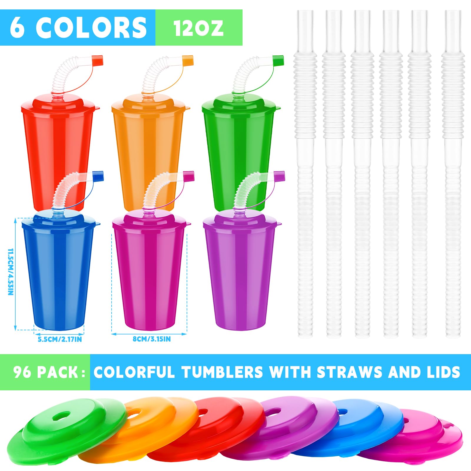 Zubebe Vasos de neón de 12 onzas, vasos de neón coloridos con tapas y popotes, vasos de plástico a prueba de derrames, vasos reutilizables para fiestas de cumpleaños, suministros de eventos, 6 colores