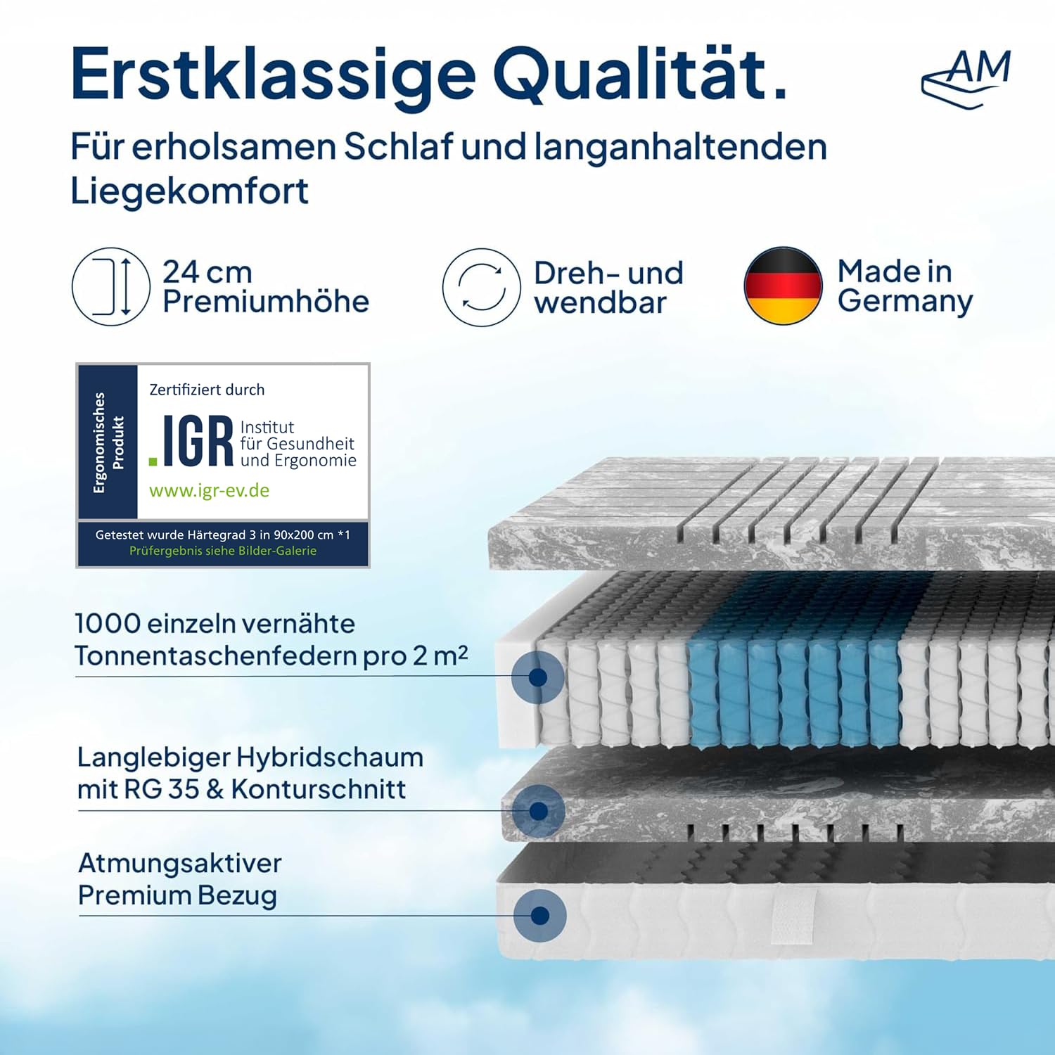 AM Qualitätsmatratzen 3D Deluxe Taschenfederkernmatratze 100x200cm H3 24cm - Made in Germany & Oeko TEX Zertifiziert - Ergonomische Matratze 100x200 H3 mit Lyocell Bezug - 7 Zonen Federkernmatratze