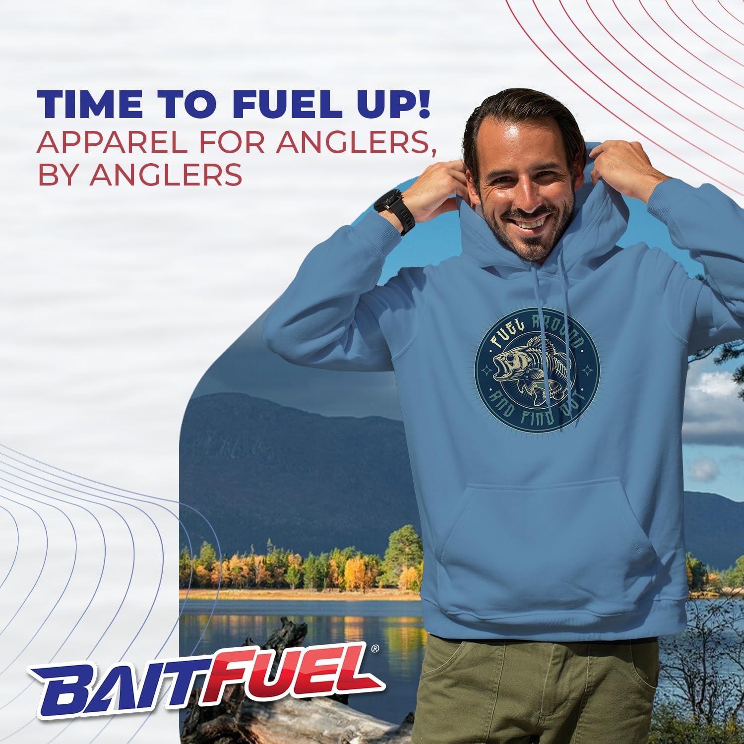 American Baitworks BaitFuel Unisex Fishing Hoodies - Fuel Around Hoodies for Men & Women - Classic Fit Cotton Hoodie w/Adjustable Drawstring - Womens & Mens Hoodies Pullover Apparel (Size L) Blue