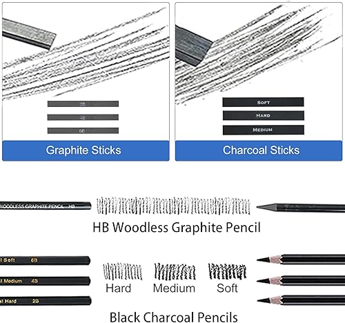 Miniatura 4 de LUCYCAZ Kit de 32 lápices de dibujo, juego de lápices de boceto, lápices de grafito y carbón con 2 blocs de boceto, juego de lápices de dibujo,