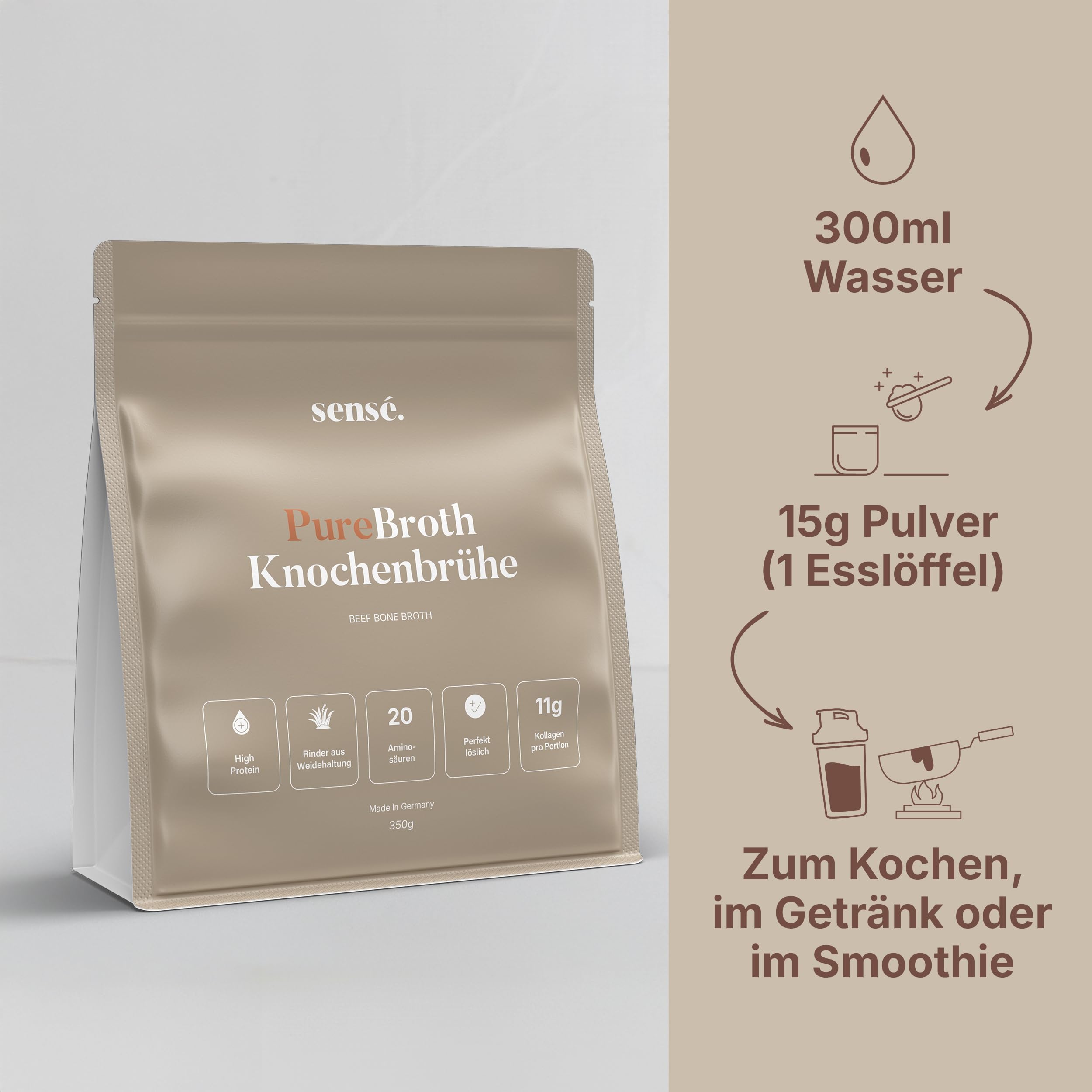 sensé. Knochenbrühe Pulver vom Weiderind, aus Deutschland, Bioaktiv, 350g – Kollagen Typ 1,2 & 3 | Für Gelenke, Darm und Haut | hoher Proteingehalt | Leaky Gut, Keto | Bone Broth