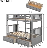 Vista 17 de Harper & Bright Designs Litera de tamaño matrimonial sobre matrimonial con 3 cajones, litera de madera maciza con almacenamiento y riel