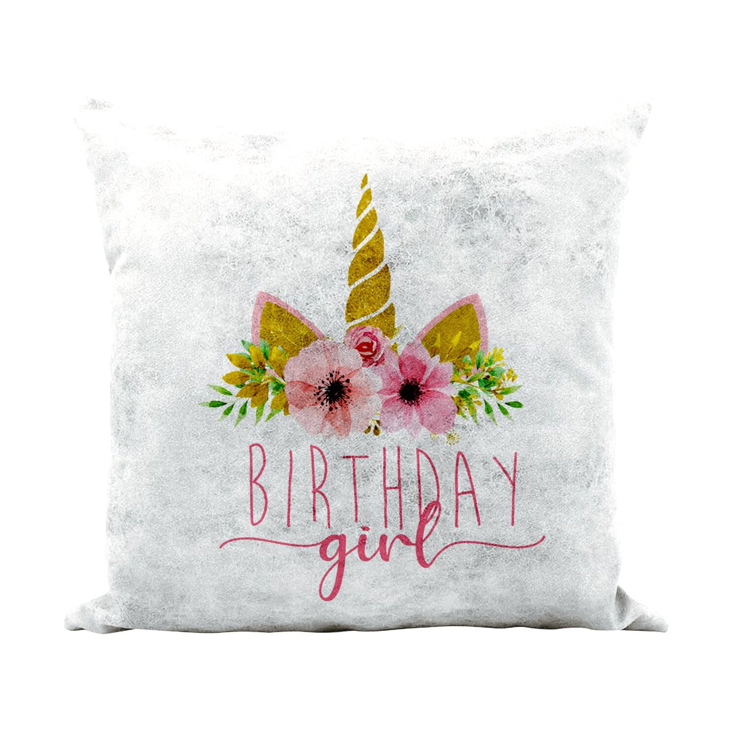 Coussin licorne anniversaire 40x40 cm avec message calligraphie et housse blanc similicuir