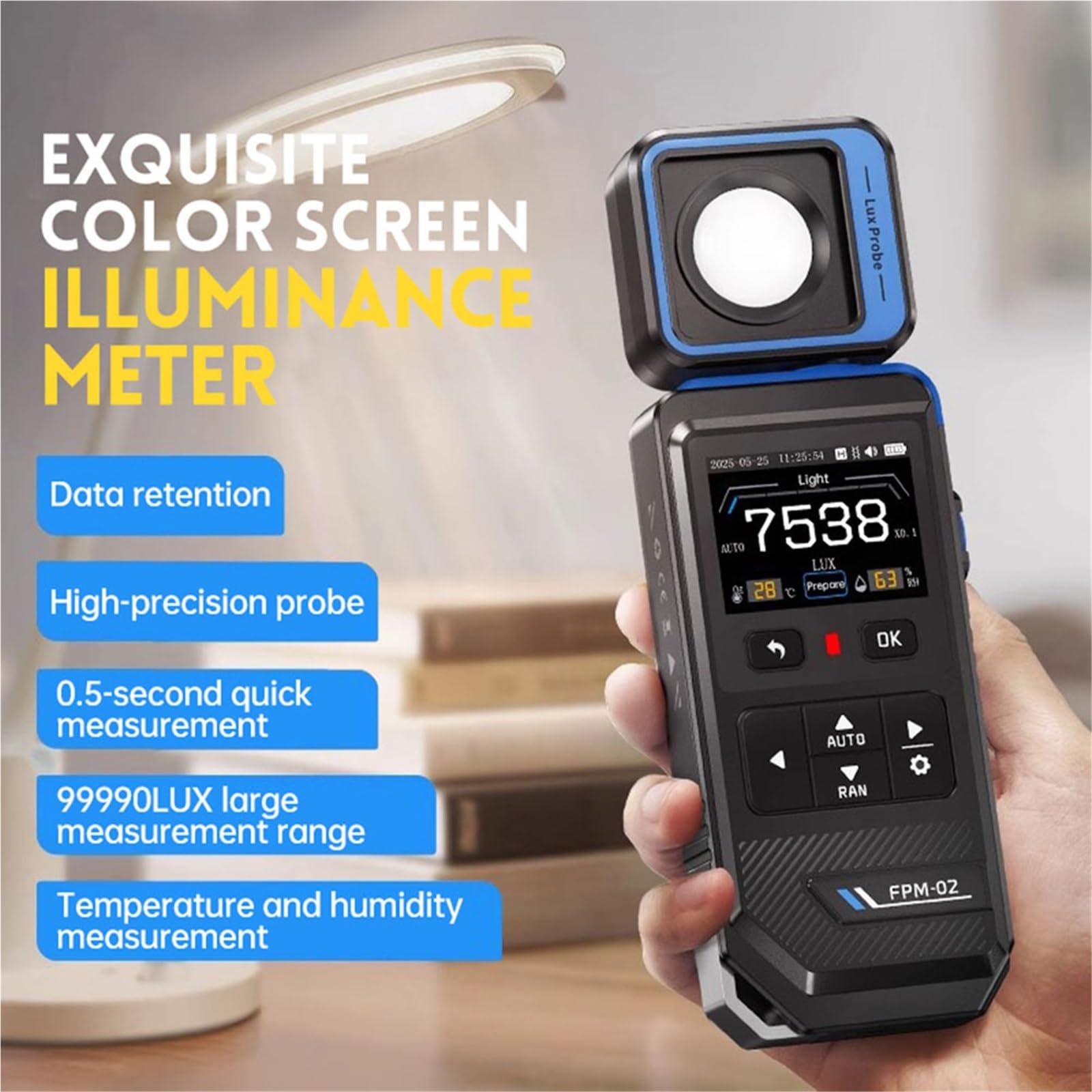 Belichtungsmesser, FPM-02 Hochpräziser Beleuchtungsstärketester Luxmeter Home Light Meter Professionelles Helligkeits-Thermohygrometer
