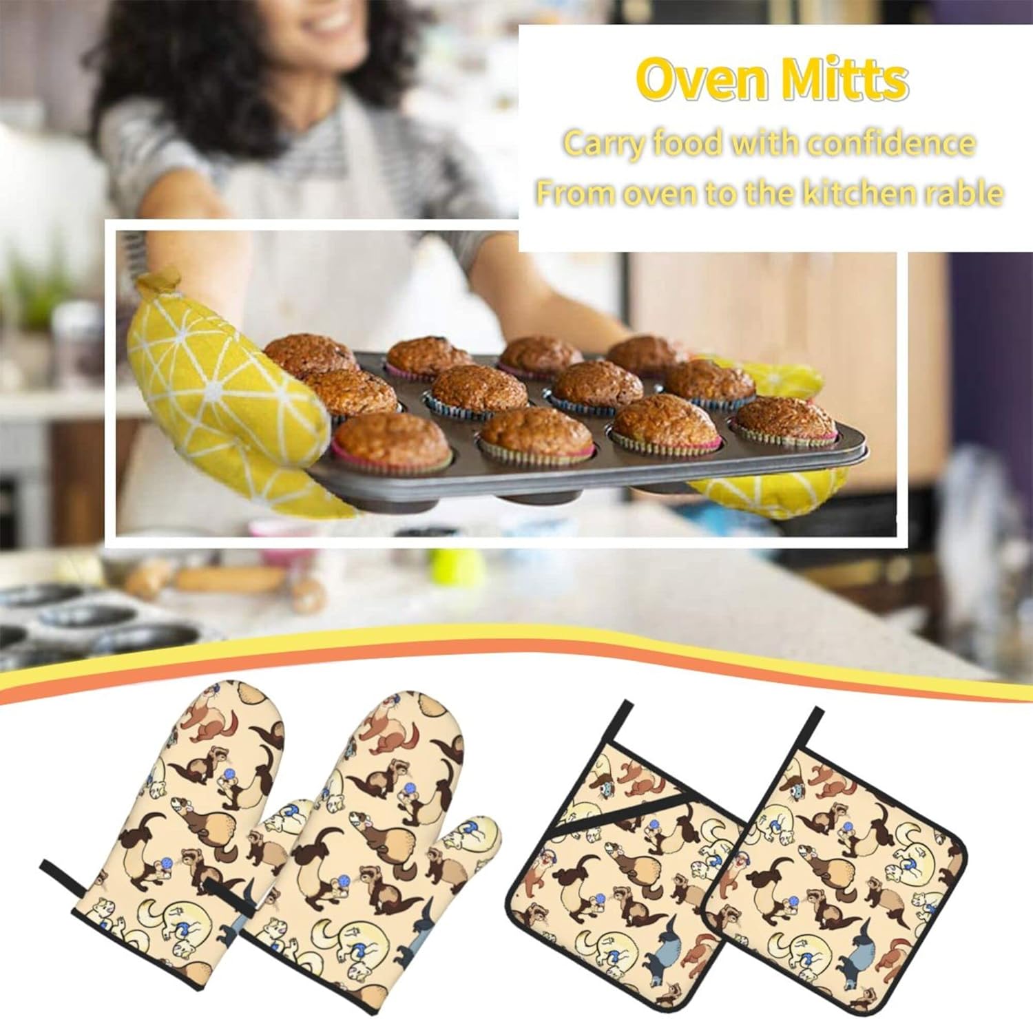 Ferret Oven Mitts and Pot Holders Sets for Gift Set Kitchen Heat Resistant Waterproof Durable for BBQ Cooking Baking