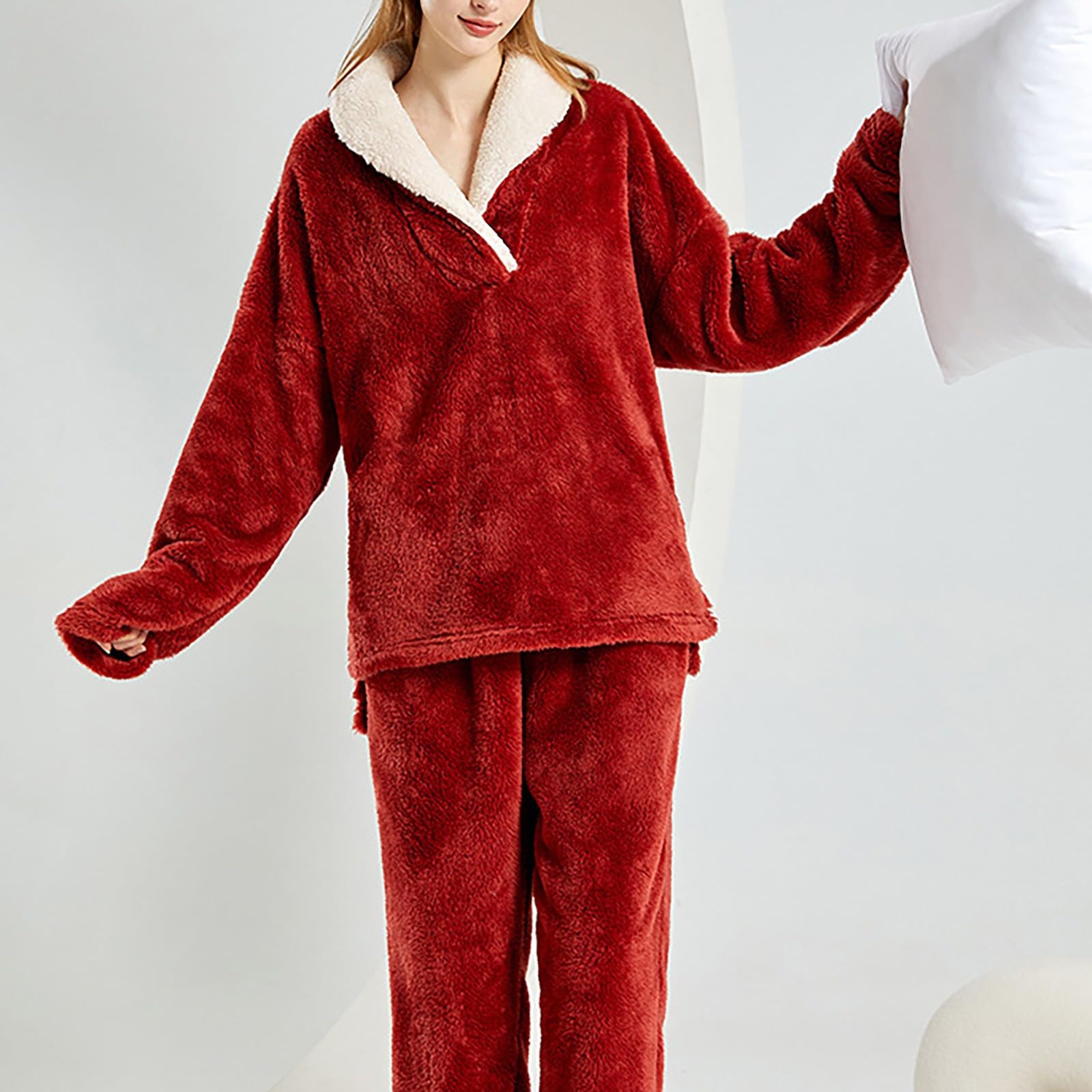 Pigiama in pile per le donne UK inverno caldo flanella pigiama Teddy Fleece manica lunga pigiameria super morbido loungewear set due pezzi comodo pigiameria loungewear set casual sciolto biancheria da