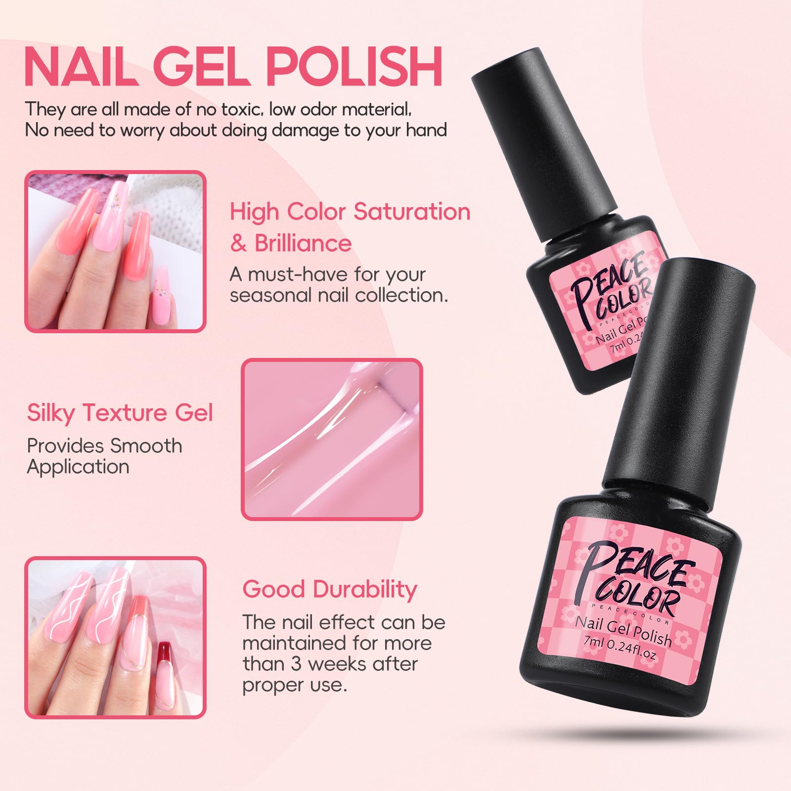Kit Ongle Gel UV Complet, PEACECOLOR Kit Manucure Semi permanent 20+5PCS Vernis à Ongles Gel avec Lampe UV Ongles Gel No Wipe Top Coat Gloosy Pailleté Matte Base Coat Nail Art Kit Coffret Débutants