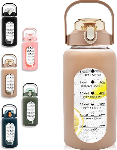 Botella de agua de vidrio de 60 onzas con marcador de tiempo, botellas de agua motivacionales grandes de 57.5 fl oz con asa y funda de silicona,