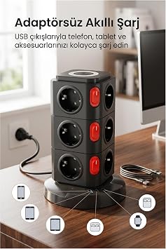 12’li Kule Tipi Çoklu Priz | 3680W | Kablosuz Şarjlı | 1xUSB-A | 2xType- C | Akıllı Güç İstasyonu