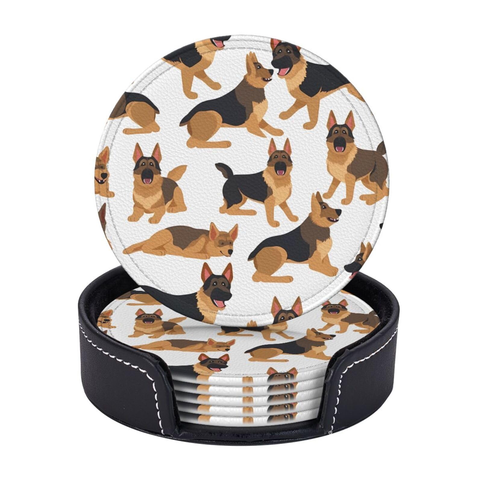 Round Coasters for Drinks Set of 6 - PU Leather Coasters with Holder - Modern Drink Coasters for Coffee Table - German Shepherd Coaster for Tabletop Protection 4" Cup Mat Pad