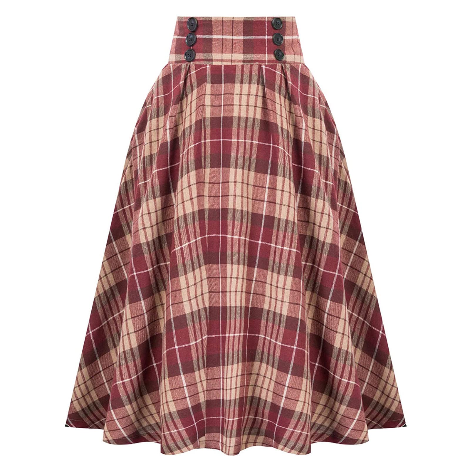 Artykey Women's Apricot Plaid Vintage Elegant Plaid Long Skirt High Waist Elastic Waist A-Line Midi Pleated Skirt Swing Skirt S