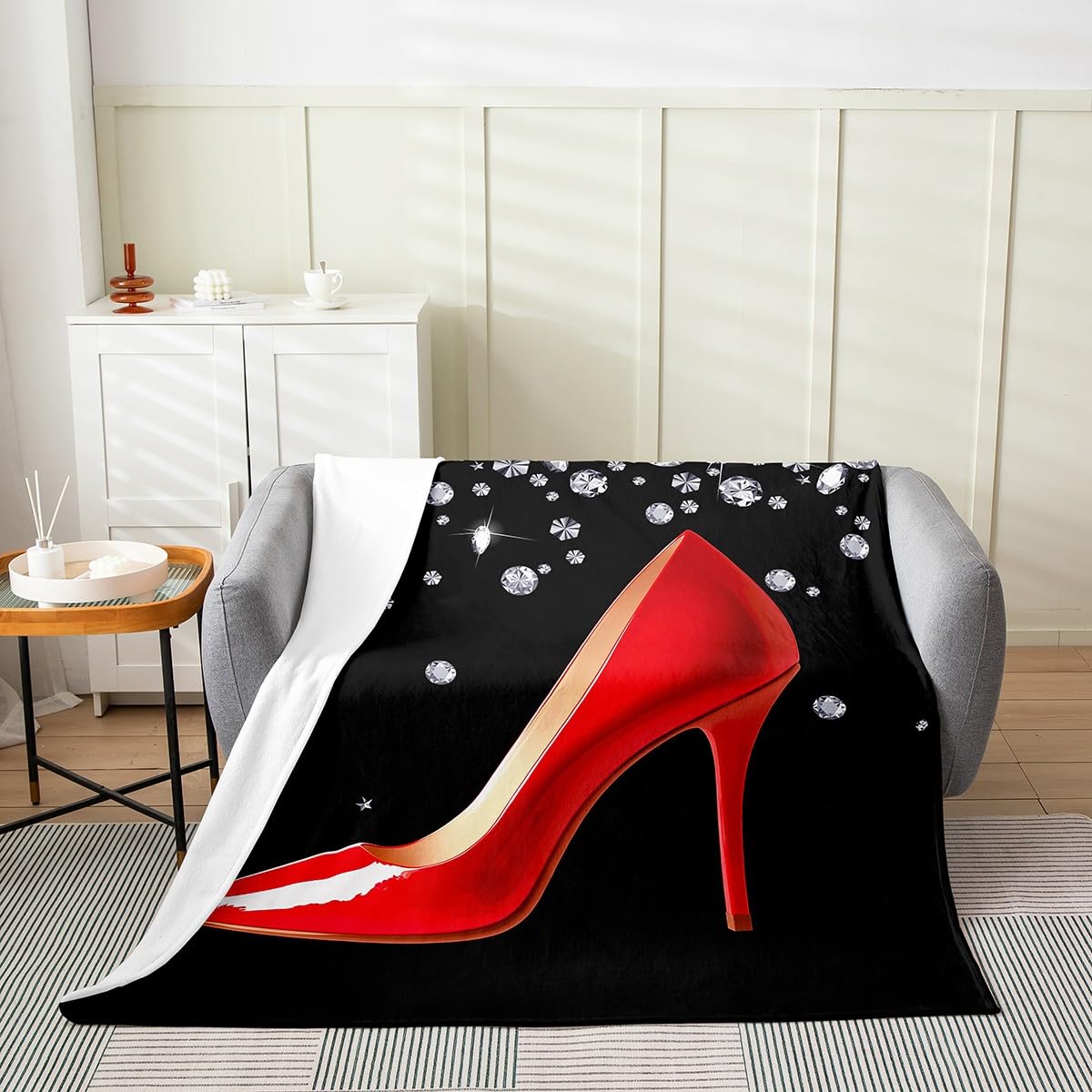 3D Abstract Red High Heel Throw Blanket Throw 50x60 Gliiter Diamond Jewelry Lady Shoes Decor Fleece Blanket for Girls Women Adults Valentine's Day