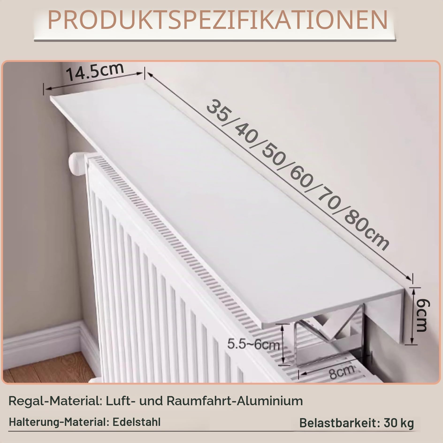 Heizkörperregal Ohne Bohren,15cm Tief Heizungsregal,Regal für Heizkörper,Heizung Ablage,Weiße Heizungsabdeckung aus Aluminium für Zuhause,Tragkraft 30kg,für Aufbewahrung und Dekoration(80cm)