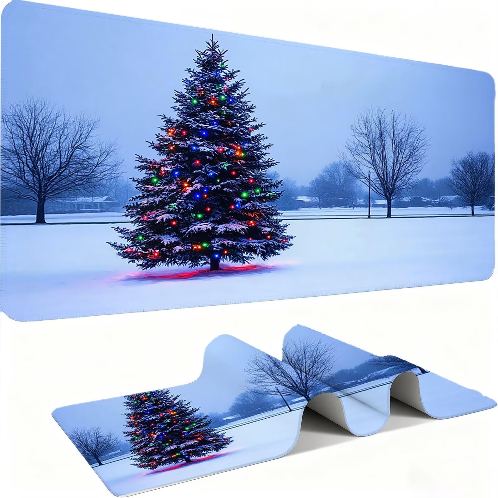Podkładka pod mysz Choinka/Zima XXL 1200 x 600 mm Duża podkładka pod mysz Przyszyte krawędzie Wodoodporna Antypoślizgowa Duże Rozszerzone Akcesoria Biurowe do PC, przenośny poprawia dokładność i