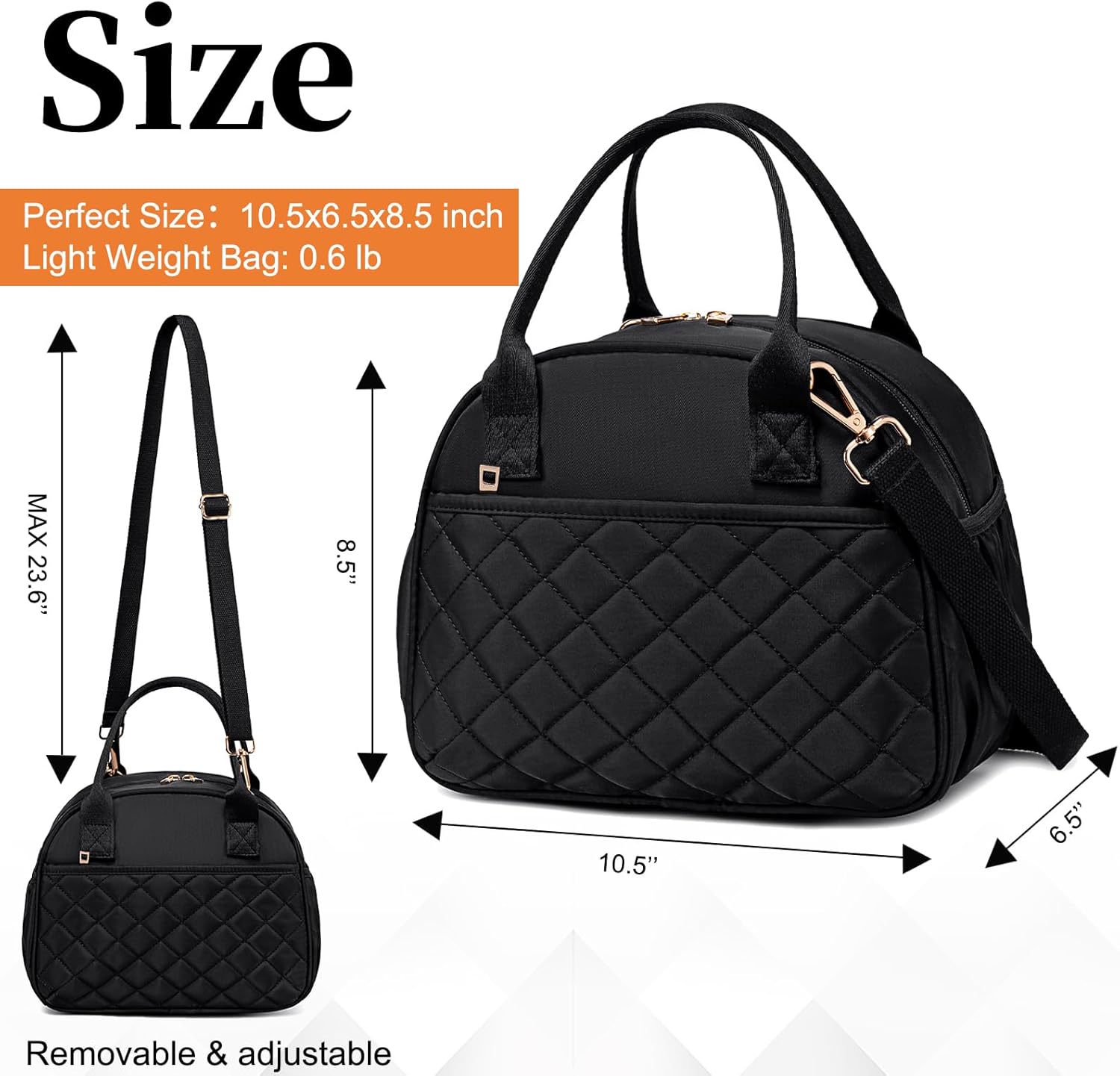 BTOOP Lunch Box for Women Men Insulated Lunch Bag Quilted Lunchbox Cute Adult Lunch Tote with Adjustable Shoulder Strap Reusable Lunch Bags Water Resistant for Travel Work Picnic (Black) - Image 2