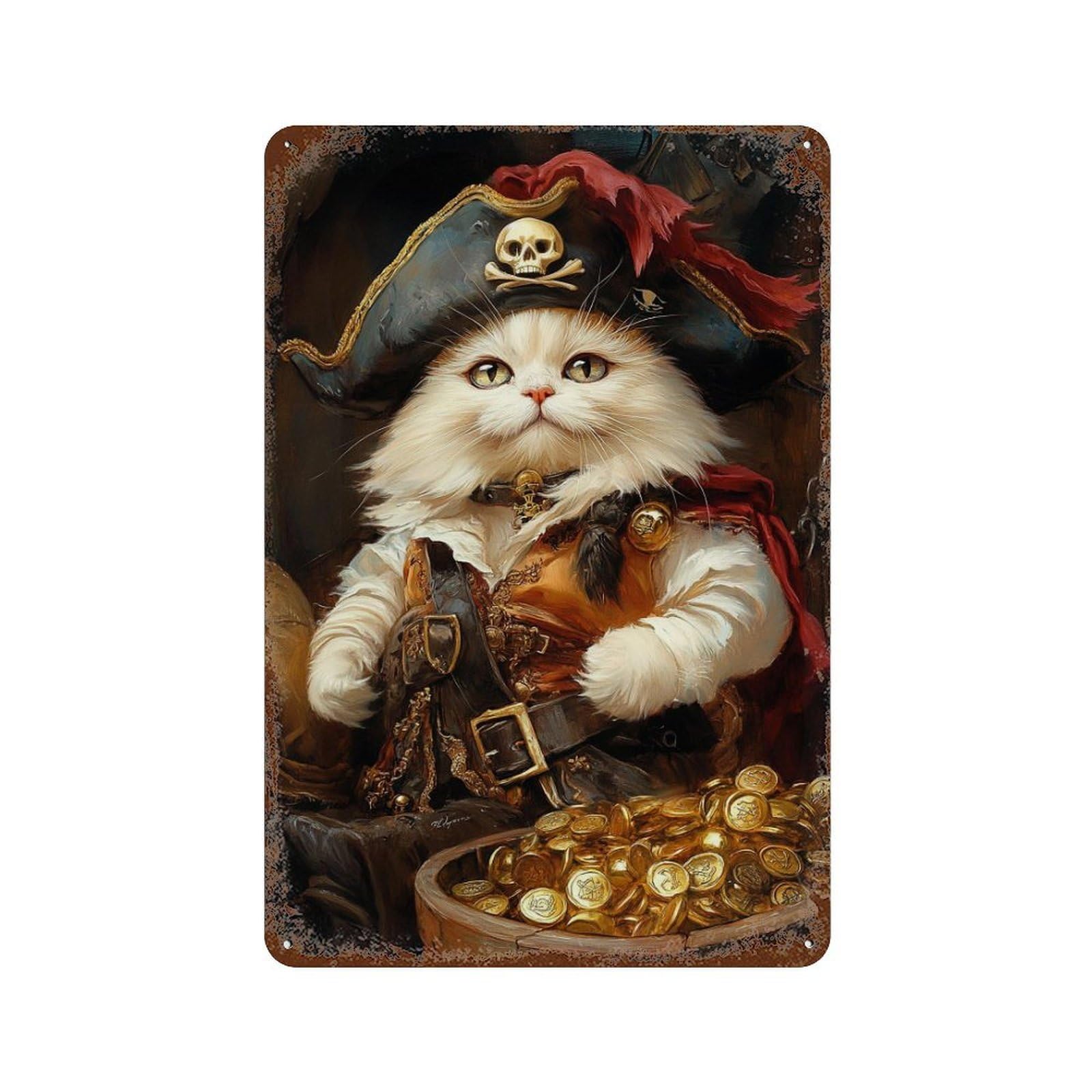 Pirate Cat Treasure Chest-15 Distressed Metal Wall Sign 11.8"x7.9", for Garage, Bar And Workshop Decor, Decorative Metal Wall Art