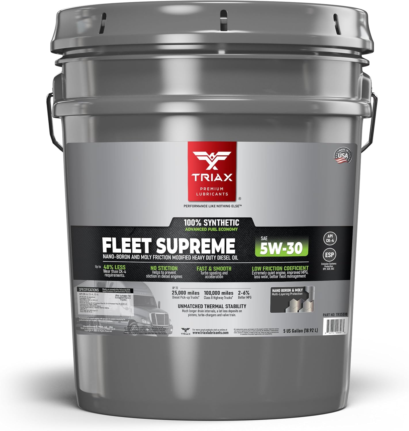 TRIAX Fleet Supreme 5W-30 - Full Synthetic, Heavy Duty, Diesel Engine Oil - Nano Boron and Moly Friction Modified - API CK-4 Compliant - Extended Drain (5 Gallon)