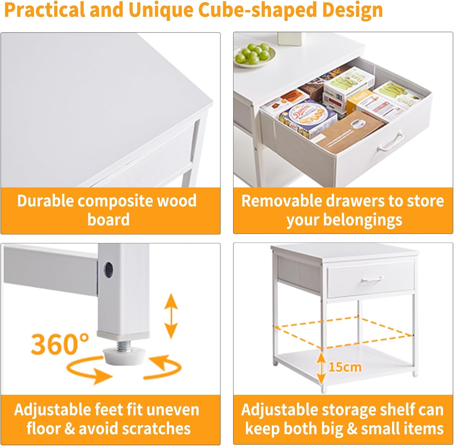 Living Room Large Side Table, End Table with Drawers, Refrigerator Stand Printer Table with Adjustable Shelves, Office Square Coffee Table White YD-TM156W