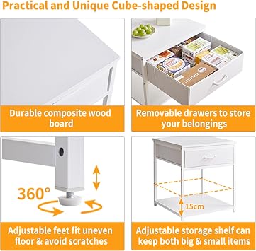 Aibiju Large Side Table for Living Room, Small Table Stand 20 Inch, Fridge Stand Printer Table with Fabric Drawer, Square Tea Coffee Table for Office, White YD-TM156W