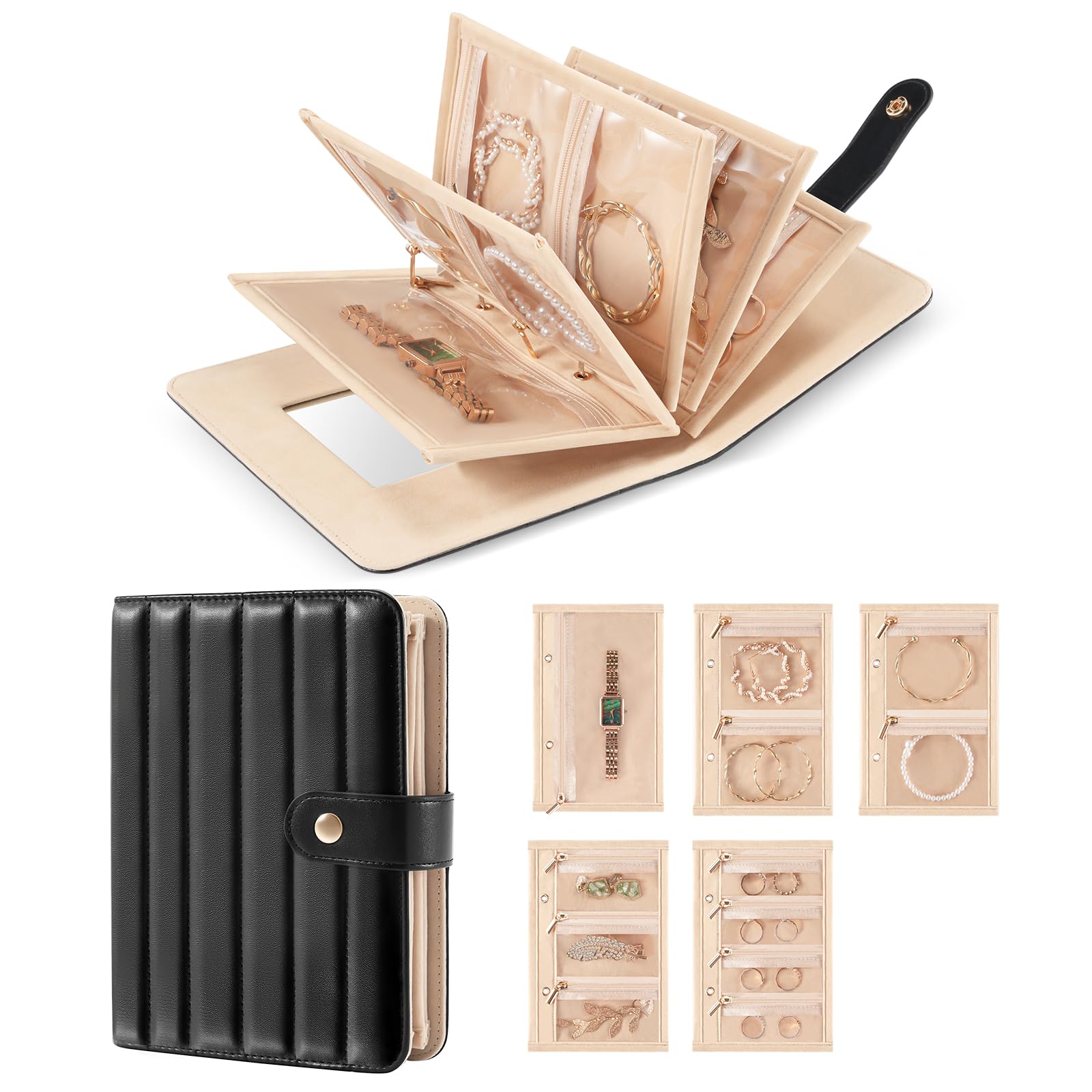 Lolalet Reise Schmuck Organizer mit transparente Schmuck Tasche für Ohrringe Armband Halskette Ring, kompakte Aufbewahrungsbox Schmuckrolle mit Spiegel- Shwarz