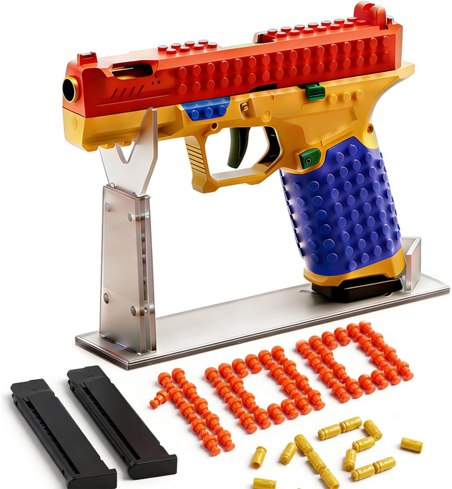 Building Block Toy Gun, Shell Ejecting Pistol with Automatic Rebound, DIY Customization Model, 100 Bullets, 12 Shells, 2 Detachable Magazines, Halloween, Christmas, Birthday Gifts for 14+