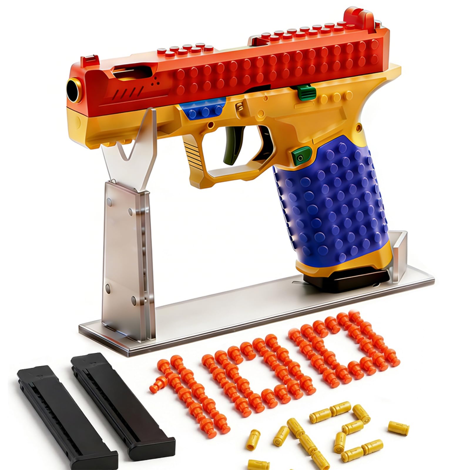 Building Block Toy Gun, Shell Ejecting Pistol with Automatic Rebound, DIY Customization Model, 100 Bullets, 12 Shells, 2 Detachable Magazines, Halloween, Christmas, Birthday Gifts for 14+