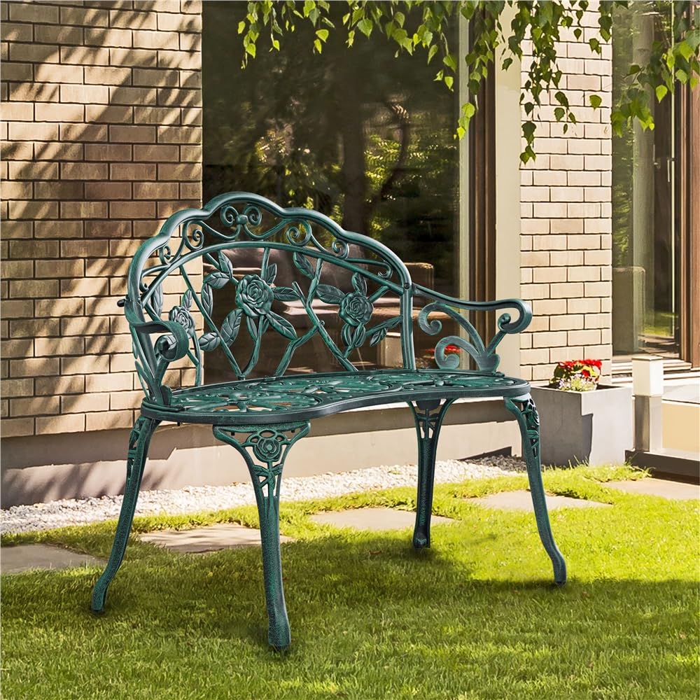 Yaheetech 2-osobowa ławka ogrodowa w stylu vintage, metalowa ławka parkowa, odporna na warunki atmosferyczne, z odlewu aluminiowego, ławka balkonowa z oparciem i podłokietnikami, meble ogrodowe na